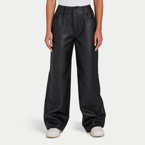 REWEAR Womens Faux Leather Wide Leg Trouser - Black
