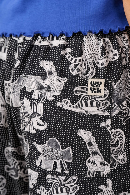 L.E Chuck - Wide Leg Cotton Trousers in Black & White Arthouse & Yak
