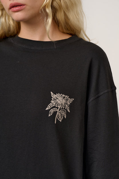 Murat - Long Sleeve Lightweight Cotton T-Shirt in Black & White Sunflower Print
