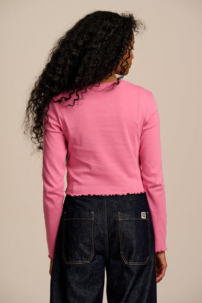 Hansel - Long Sleeve Cotton Crop Top in Pink Tulip Embroidery