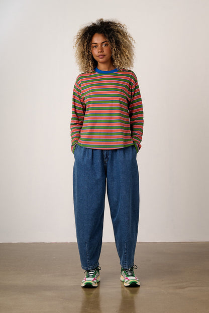 Mysen - Long Sleeve Cotton T-Shirt in Green Stripe