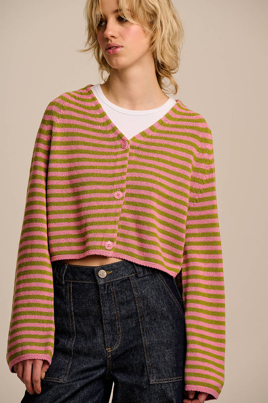 Robyn - V-Neck Cotton Cardigan in Green & Pink Stripe