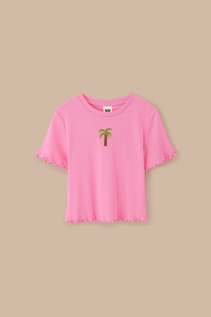 Greta - Cropped Cotton Top in Pink with Palm Embroidery